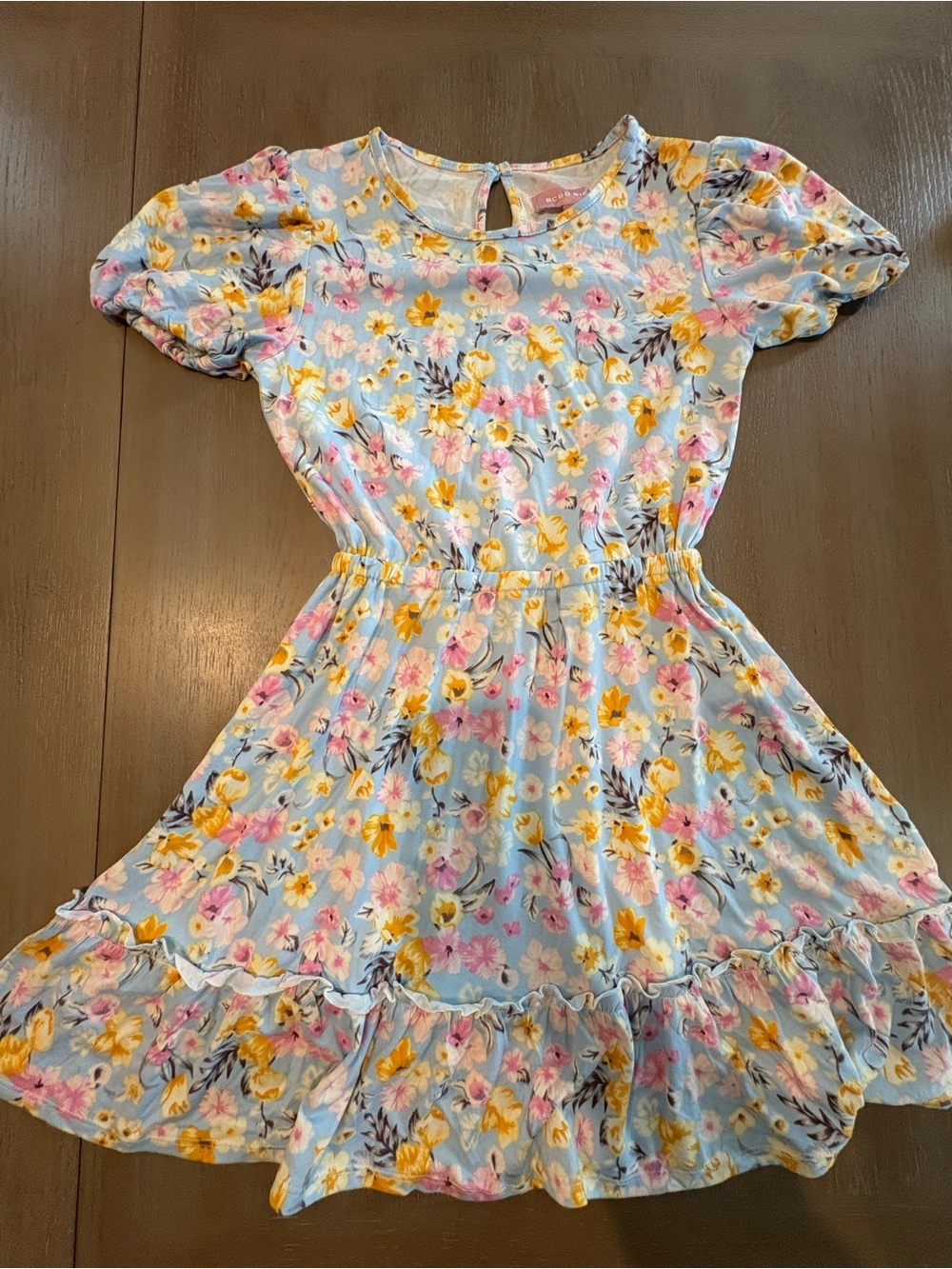 BCBG Light Blue Floral Ruffle Dress with Yellow and Pink Blooms